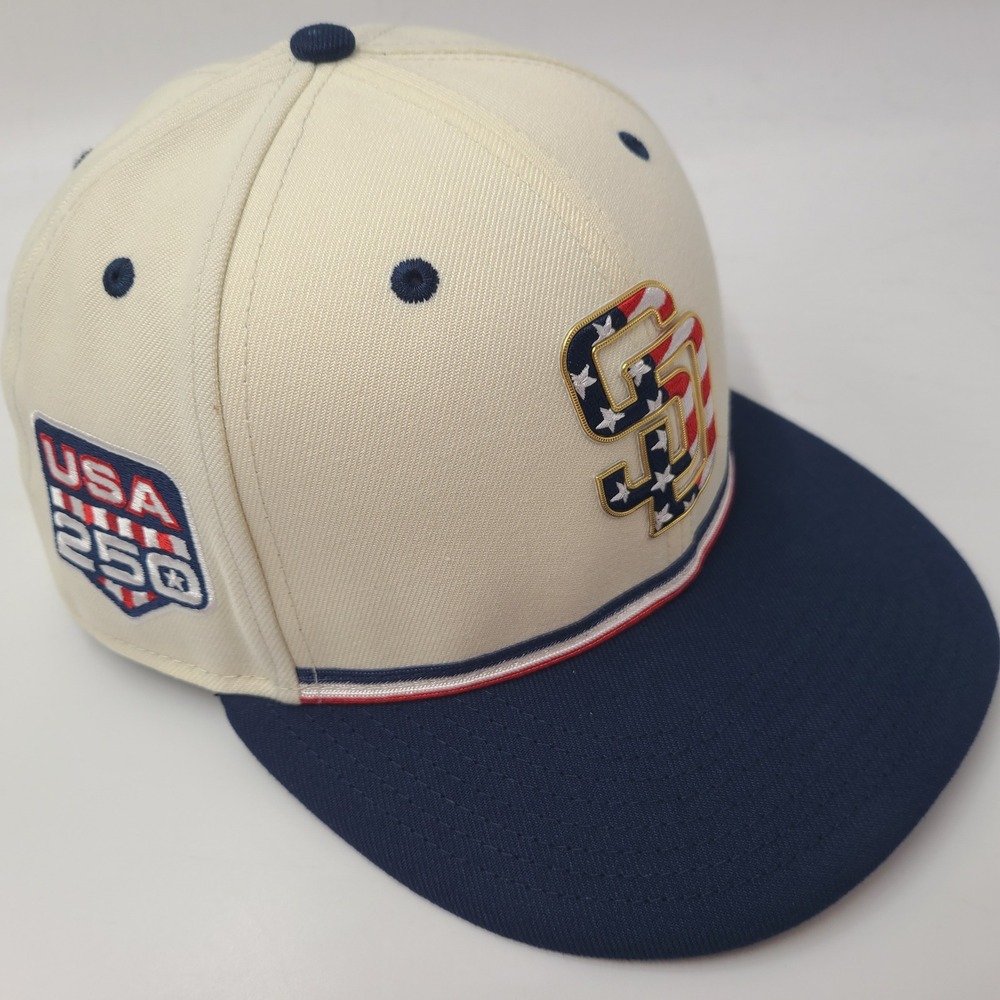 San Diego Padres Hat Fitted 7 1/4 New Era 59Fifty Cream Blue MLB USA 250 Patch